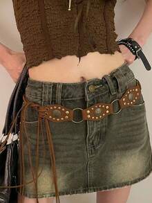 1pc Coffee Color PU Material Women's Bohemian Rivet Tie Waist Belt - Coffee - View 5