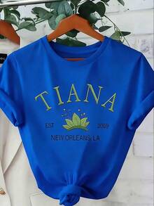 Women's Pure T-Shirt With New Orleans Mardi Gras Print (Tiara/Tiana/EST 2009) - Short Sleeve Round Neck Casual & Party Top, Breathable Summer Tee For Themed Events, Birthdays & Casual Attire Loose Fit Washed Short Sleeve T-Shirt, Street Style, Unisex, For Spring/Summer/Autumn,Valentines Day Outfit,Summer Outfits In Holiday Women T-Shirts - 藍色 - 查看 8