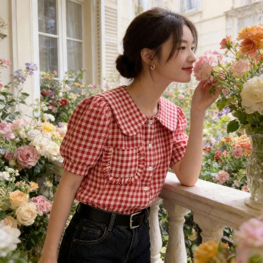 女款格紋印花彼得潘領短泡泡袖休閒襯衫,適合度假、日常、假期、機場穿搭,春夏紅色 - 紅色 - 查看 1
