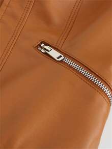 1件女士驼色PU皮立领夹克，休闲户外运动修身皮衣，短款夹克，适合旅行和机场出行穿着 - 駝色 - 查看 8