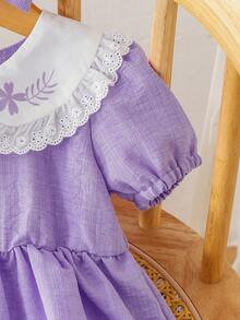 Lindo vestido morado con mangas abullonadas y pliegues para bebé niña (incluye diadema con lazo), cuello con ribete de encaje y estampado de plantas, vestido estilo princesa dulce y diadema, set de 2 piezas - Púrpura malva - Ver 7