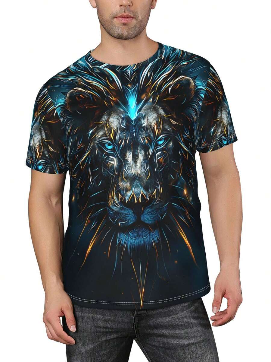 Abstract Lion Head Graphic T-Shirt Crewneck Tee 3D Printed Short Sleeve Loose Casual Top Unisex - Black - View 1