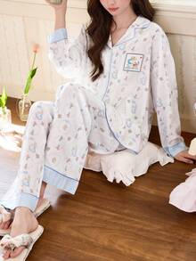 Gongdie 2 piezas Pijama de manga larga de algodón con diseño de dibujos animados de Alicia en el País de las Maravillas de Disney, adecuado para primavera y otoño - Blanco - Ver 3