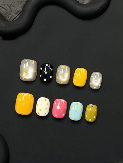 10pcs Handmade Nail Art Stickers, Detachable Acrylic Short Square Nails, Cute Polka Dot Design, Suitable For New Year, Valentine's Day, Party, Spring/Summer/Autumn/Winter, Essential Makeup Accessory For Women