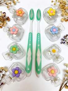 2pcs Colorful Floral Pattern Toothbrush Holder, Mini Resin Flower Design Toothbrush Clip, Portable Toothbrush Case, Suitable For Home, Dorm, Bathroom, Travel, Camping, Dorm Essential, Bathroom Toothbrush Rack, Holiday Essential, Toothbrush Cover, Bathroom Supplies, Home Decor, Camping Essential, Travel Essential, Easy To Carry - Multicolor - View 10