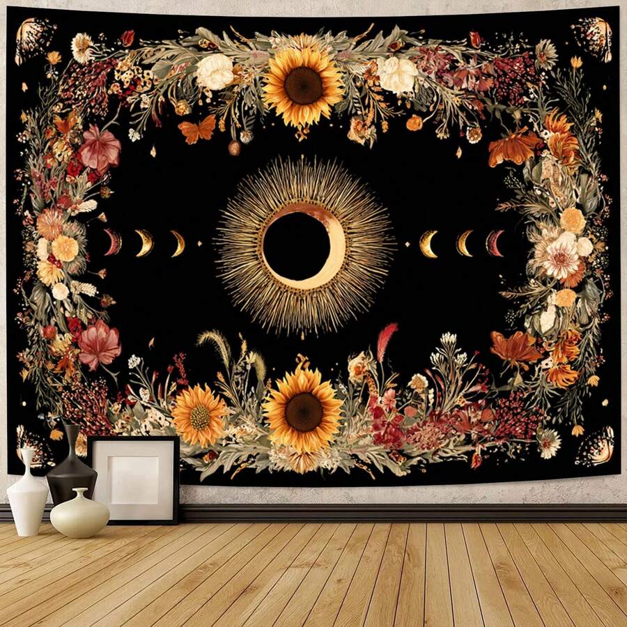 1pc Sun And Moon Tapestry Vintage Bohemian Wall Hanging Sun Moon Floral Vintage Mystical Scene Tapestry, Wall Hanging Tapestries, Fashion Aesthetic Horizontal Wall Tapestry Hanging, Modern Pattern Print Art Tapestries, Wall Decor For Bedroom, Living Room, Dorm, Party - Unique Birthday & Holiday Gift For Friends, Women, Yourself, Dorm Room Accessory(40x30in/60x40in/60x51in/80x60in/90x60in) - 7 - 查看 1