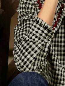 Camisa de manga larga con botones, cuello y ribete de contraste a cuadros, para primavera - Cuadros blancos y negros - Ver 5