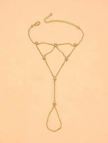 1pc Mesh Finger Chain Bracelet, Elegant Rhinestone Bracelet Jewelry Accessory - Gold - View 6