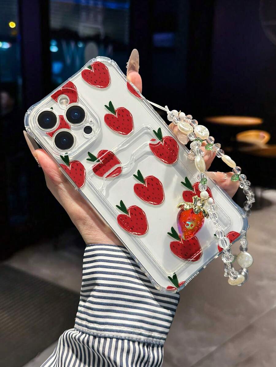 草莓彩绘透明卡包多功能钱包，带腕带，加厚防震手机壳，兼容 17/17Pro/17ProMax、16/11/16Pro/16Plus/16ProMax/16E、15ProMax、13/14/12/XS/XR/7G/8P、Galaxy S25/S25Plus/S25 Ultra、A16/A36/A26/A56/A50、11/12Pro/12/12X/13Pro/14Pro/15Pro/X3Pro、10/9/Note9/12C/Note11Pro/Note8Pro/9C/9A - 彩色 - 查看 1