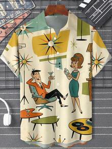 Retro Medieval Geometric Cartoon Print Men's Button-Down Short Sleeve Shirt - Khaki - View 1