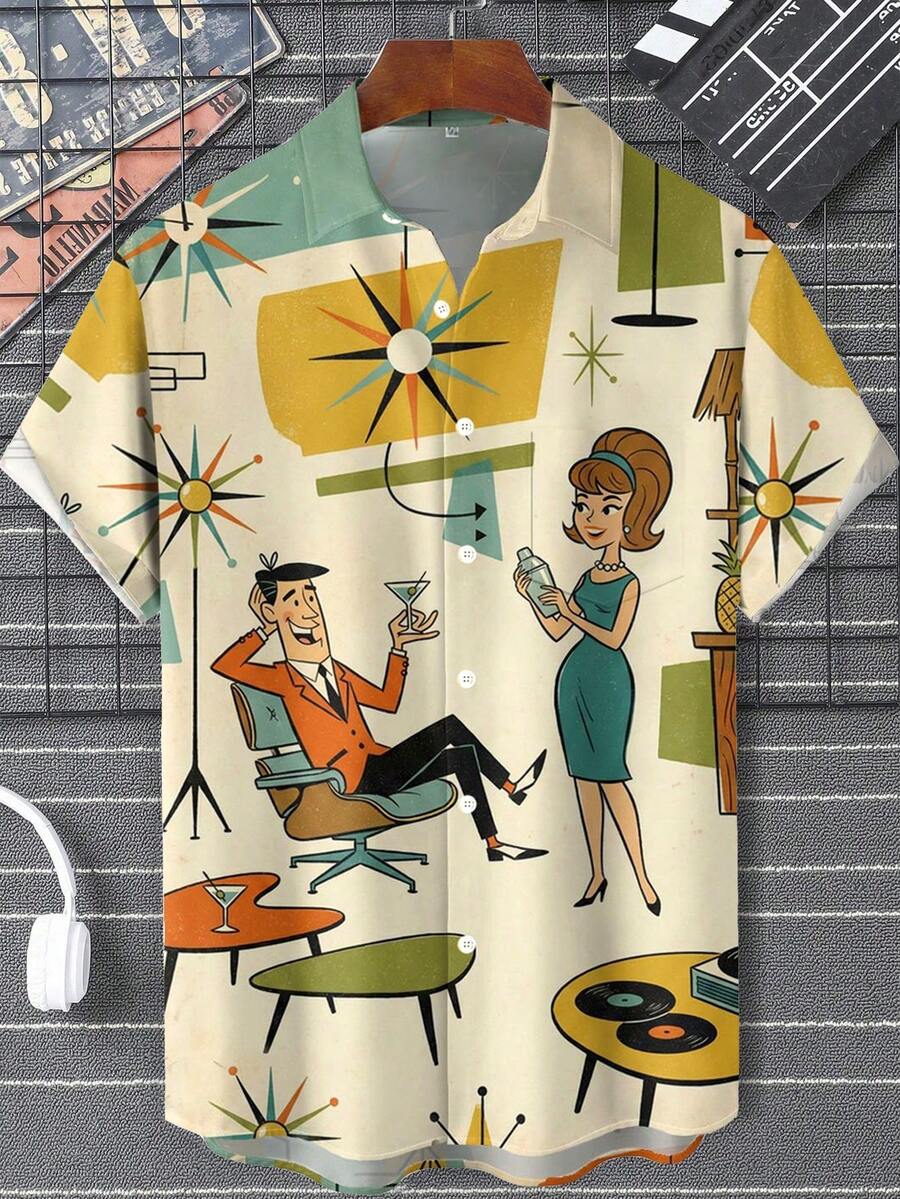 Retro Medieval Geometric Cartoon Print Men's Button-Down Short Sleeve Shirt - Khaki - View 1
