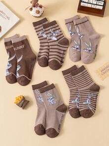 Noctvar OBM Sleepwear X LOONEY TUNES 5 Pairs Kids Puffin Pattern Socks, Cute Cartoon Mid-Calf Socks With Distinctive Puffin Design, Colorful Mid-Length Socks For Boys, Comfortable Breathable Student Socks Suitable For Daily Wear, Back To School, Holiday Gifts - Multicolor - View 3