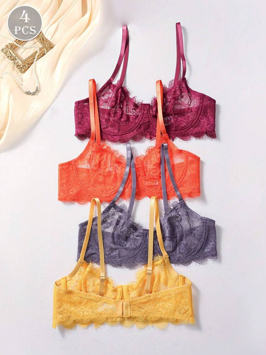 4 piezas Sujetadores elegantes de encaje sin alambres, sujetadores de verano, estilo francés, sujetadores sexys, sujetadores para dormir, sujetadores de encaje sin relleno, sujetadores con aros, transpirables y cómodos, adecuados para el hogar, la vida diaria, el Día de San Valentín, como camiseta interior, adecuados para busto pequeño [El tamaño es pequeño, se sugiere pedir una talla talla grande grande]