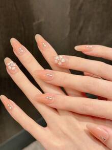 10pcs Middle Oval Fake Nails With Grapefruit Pink Gradient Translucent Base, 3D Clear Flower (Pearl Accent) & Single Rhinestone Design Fresh Vitality Style 100% Handmade Press On Acrylic Nails Reusable Nail Supplies Including 1pc Jelly Glue,1pc Stick And 1pc Nail File For Women's Daily Or Party Wear - Multicolor - View 3