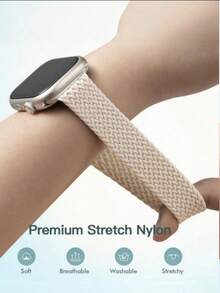 Braided Elastic Single Loop Watch Band Compatible With Apple Watch Ultra 49mm, 45mm, 44mm, 46mm, 42mm, 41mm, 40mm, 38mm, Unisex, Soft Nylon Elastic Woven Material, Suitable For Ultra 2, 3 And Series 11/10/9/8/7/6/5/4/3/2/1 SE, Great Gift For Students Back To School - Beige - View 3