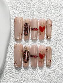 10Pcs Korean Style Handmade Press On Nail,Polygel Nail Set,Red Heart,Red Round Diamonds,Silver Cat's Eye, Pink Nail Polish,Personality Style,Includes Nail Tools,3 Sizes Available,Almond,Duck,Coffin Nails For Party,Dance,Daily Wear. - 彩色 - 查看 15
