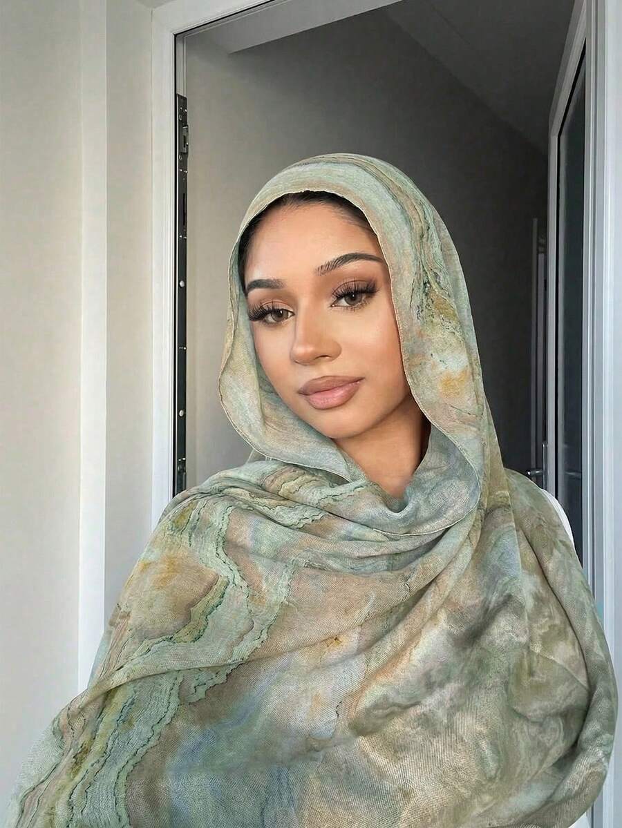 1pc Women's Bohemian Style Watercolor Marble Pattern Printed Scarf, Sun Protection Shawl, Versatile Elegant Headband/Wrap, Suitable For Daily Use