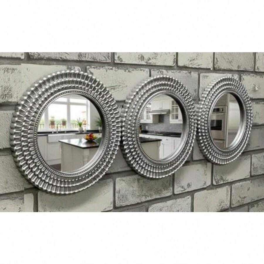 Set Of 3 Silver Moroccan Style Art Deco Round Wall Mounted Mirror Home Decorflp - As Pic - View 1