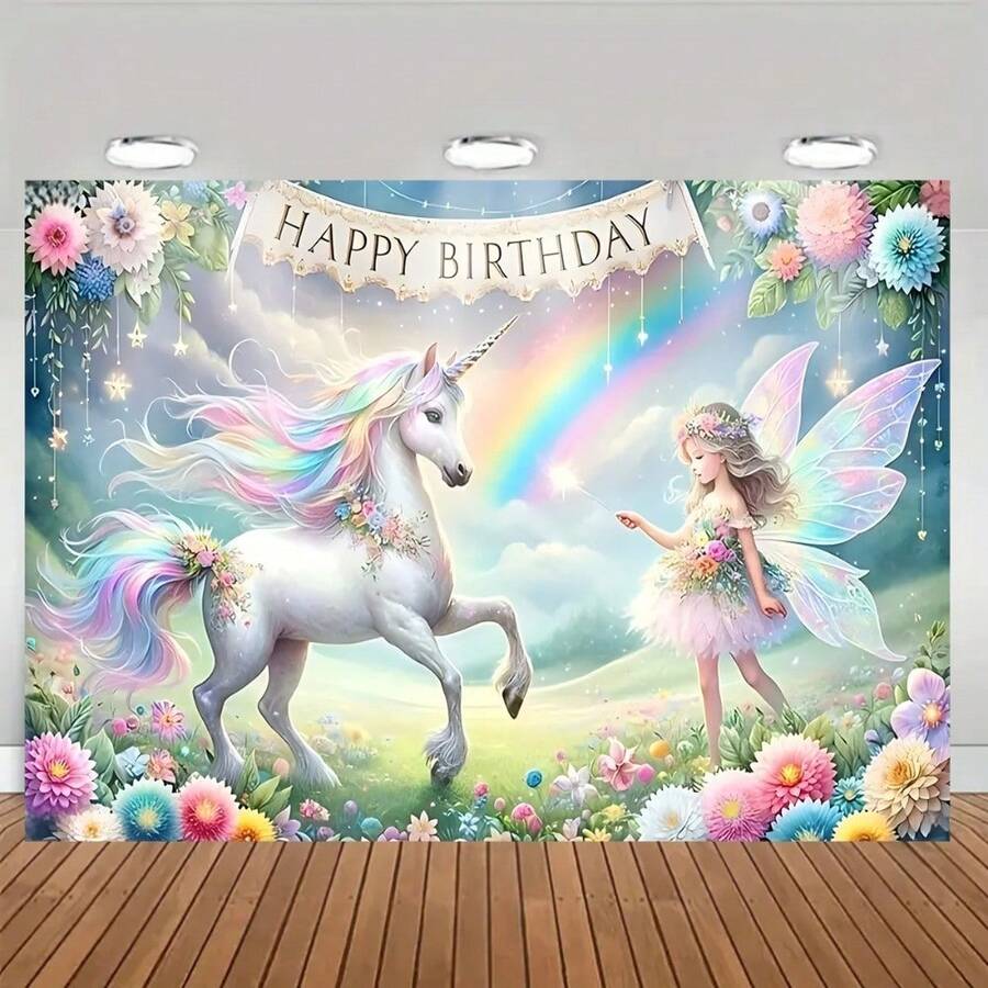 1pc Unicorn & Fairy Theme Birthday Party Banner, Made Of Polyester Fabric, Suitable For Birthday Party, Photography Backdrop, Indoor/Outdoor Decoration, Home Decor And Cake Table Background. High-Quality Printing - Suitable For All Seasons, Can Be Used To Create A Festive Atmosphere And Birthday Party Decoration, Ideal Gift For Party Planners, No Power Required, Can Be Used Indoors And Outdoors, Event Decoration - View 1