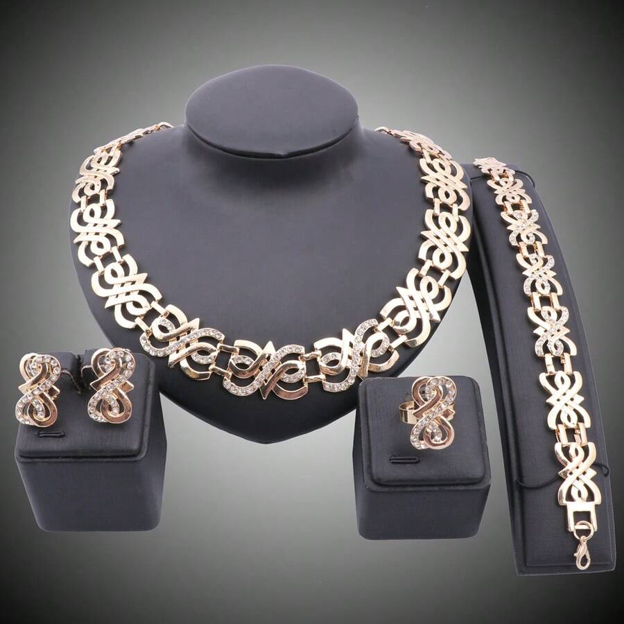 Gold Plated Jewelry Set For Women, Vintage Link Necklace Bracelet Earring Ring Set With Rhinestone, Fashion Party Wedding Accessory