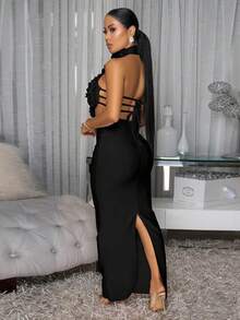 Women's Dresses Are Fashionable And Elegant, Solid Colors, Sexy Halterneck, Large Flower Decorations, Fresh And Artistic Sense Hip-Hugging Evening Dresses - màu đen - Xem 5