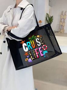 2pcs/Set Large Capacity Mesh Bag Set,Print "Cruise Life" In Color Font , Paired With Cute Beach Scenes, Mesh Beach Bag Tote Bag ,Mesh Cosmetic Storage Bag,Foldable Swim Large Capacity Beach Bag Waterproof Sandproof,Letter Decor Mesh Beach Tote Women Shoulder Handbag,Personalized Gift Bag, Suitable For Commuting, Shopping, Vacation, And Daily Leisure Use, The Perfect Gift To Give To Friends - Multicolor - View 6