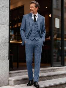 Slim Fit Herringbone Tweed 3-Piece Men's Suit | Retro Wedding Groomsmen Tuxedo (Jacket+Vest+Pants) - 藍色 - 查看 2