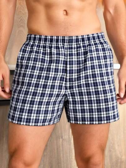 2pcs/Pack Men's Multicolor 100% Cotton Boxer Briefs, Plaid Print, Fashion & Comfortable, Assorted Colors