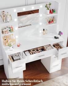 Devoko Large Dressing Table With Adjustable LED Lighting, Mirrored Dressing Table, With 7 Drawers, 4 Open Shelves And 2 Power Outlets, Suitable For Bedrooms, White - White - View 6