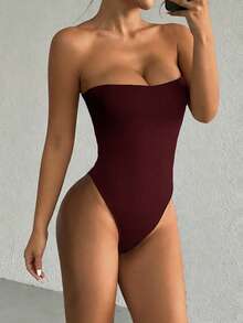 Bodysuit Feminino Sem Alças de Cor Sólida, Versátil para Uso Diário, Sexy & Fashion Verão - Vinho - Visão 8