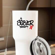 30oz Stainless Steel Tumbler Black White Options,  Sober Life Logo Print Design Graphic Cups, Insulated Travel Coffee Mug With Lid And Straw , Double Wall Vacuum Reusable Travel Cups, Funny Birthday Party Gift For Women & Men - 白色 - 查看 1