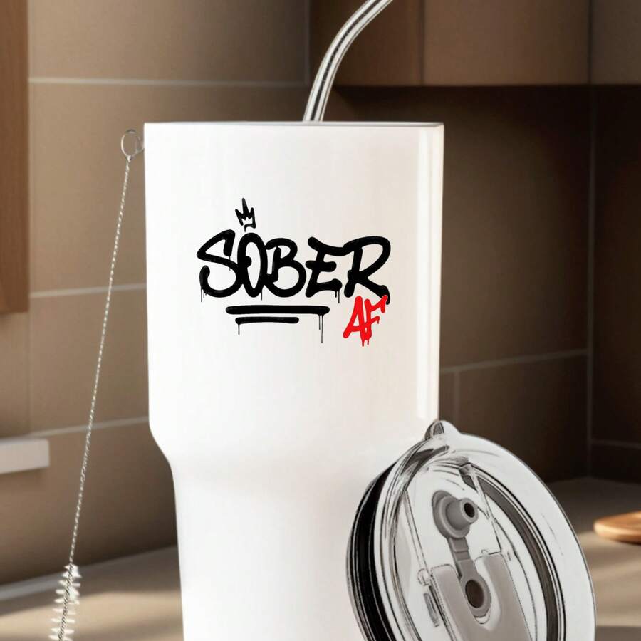 30oz Stainless Steel Tumbler Black White Options,  Sober Life Logo Print Design Graphic Cups, Insulated Travel Coffee Mug With Lid And Straw , Double Wall Vacuum Reusable Travel Cups, Funny Birthday Party Gift For Women & Men - 白色 - 查看 1