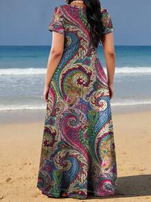Plus Size Women Fashion Printed Pocket Casual Vacation Dress Summer Elegant - Multicolor - View 2