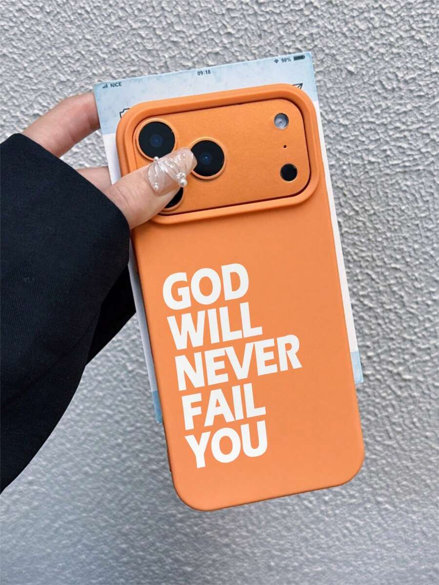 1pc Orange Large Hole Liquid Silicone TPU Shock-Proof Phone Case With Slogan Print Pattern (GOD WILL NEVER FAIL YOU), Fashionable Phone Case Suitable For IPhone 11/11 Pro Max/12/12 Pro/12 Pro Max/13/13 Pro/13 Pro Max/14/14 Pro/14 Pro Max/14 Plus/15/15 Pro/15 Pro Max/15 Plus/16/16 Pro/16 Pro Max/16 Plus/17/17 Pro/17 Pro Max - Multicolor - View 1