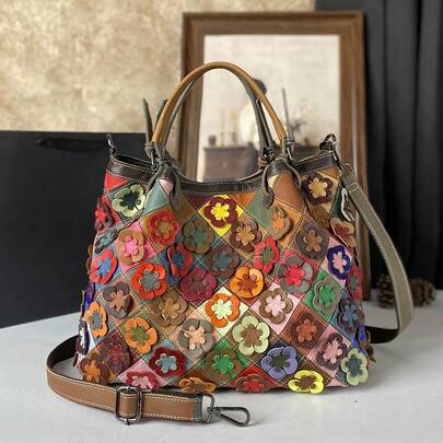 Handmade Floral Handbag, Large Capacity One Shoulder Bucket Bag, Commuter Bag, Top Grain Leather, Random Color Combination, Overall Shape As Shown