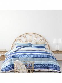 3pcs Blue & White Striped Patchwork Printed Duvet Cover Set, Modern Soft Luxurious High-Quality Lightweight Super Microfiber Bedding, Low Allergen, Breathable, Suitable For Spring, Summer, Autumn And Winter. Double-Sided Design, Hand Wash, Dry Clean Or Machine Washable. - Blue - View 14
