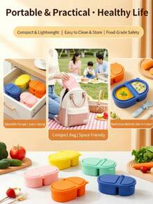 Caja de almuerzo reutilizable de silicona con compartimentos, apta para calentar en microondas, caja bento con tapa, diseño de doble compartimento, caja portátil de almacenamiento de alimentos de silicona, adecuada para picnics, oficina y otras ocasiones - Multicolor - Ver 6