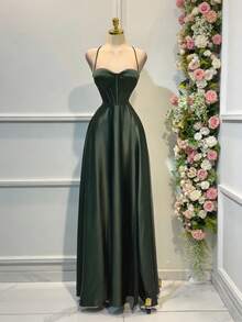Vestido elegante de mujer de satén liso con tirantes finos, espalda descubierta, cruzado en la cintura, abertura lateral sexy, adecuado para banquetes, fiestas, bodas y damas de honor en primavera - Verde Oliva - Ver 2