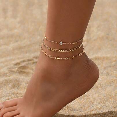 3pcs/Set Fashionable Cross Handmade Chain, Transparent Eye-Shaped Crystal, Four-Leaf Flower Decor Anklet, Multi-Layer Gold Tone Chain Foot Jewelry, Suitable For Daily Wear, Date, And Photo Shoot. Chain Length Can Be Customized
