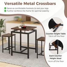 COSTWAY 3 Pieces Bar Table Set, Square Counter Height Table With Stools, Floating Tabletop & Footrest, Industrial Pub Table Set For Small Space, Breakfast Nook, Kitchen, Rustic Brown - Brown - View 8