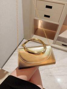 1pc Fashionable Metal Decor Mini Box Clutch Bag, Elegant Shiny Metal Bar Accent Women's Handbag, Luxury Feel For Evening Dress, Party, Wedding, Prom, Metallic Chain Included - Gold - View 6
