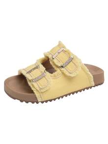 1 Pair Girls' Soft Sole Non-Slip Hook And Loop Strap Sandals, Fashionable Flat Open Toe Comfortable Versatile Outdoor Slippers, Suitable For Summer - Kuning - View 8