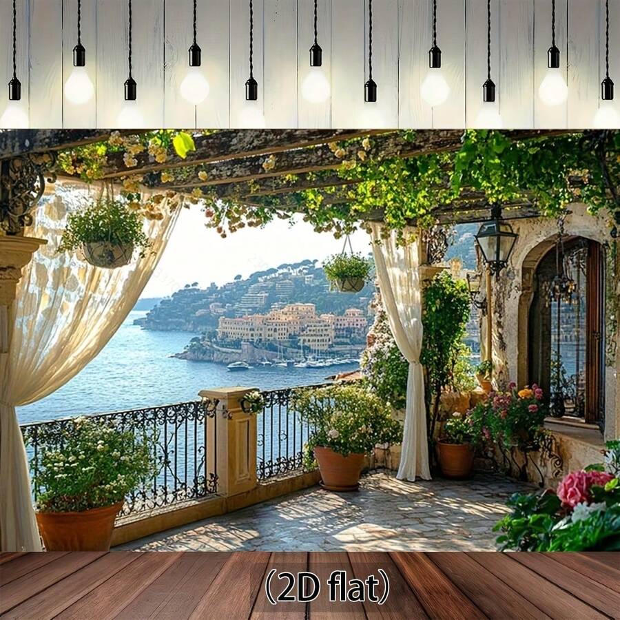 2D Flat Pattern, 2D Flat Pattern, 2D Flat Pattern, 2D Flat Pattern, A 2D Flat Pattern Banner, Featuring Mediterranean Seascape, Floral Pergola, And Rustic Balcony - 1 - View 1