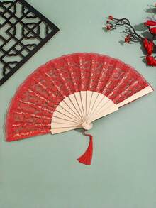 1pc Lace Fan, Foldable Spanish Wooden Lace Fan, Bridal Hand Fan, Souvenir, Photography Prop, Suitable For Various Festivals And Parties - Multicolor - View 8