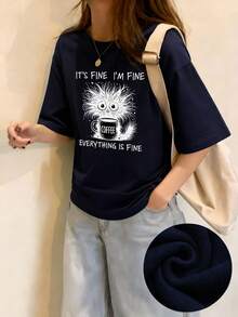 Women's Short-Sleeved T-Shirt With A Round Neck And Simple Slogan Print, Casual Summer Style, Loose Fit, Ideal For Everyday Wear And Holidays. Women's T-Shirt. Black - 藏蓝色 - 查看 8
