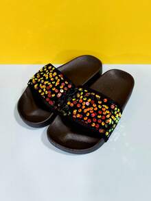 Girls' Glitter Fashion Casual Slippers, Soft & Comfortable Shiny Flat Slides, Suitable For Indoor & Outdoor Wear All Seasons - Black - View 9