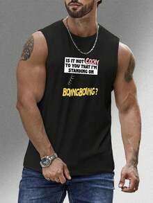 Men's Sleeveless Tank Top With "IS IT NOT COCKY TO YOU THAT I'M STANDING ON BOINGBOING" Print - Breathable And Stretchy, Suitable For Gym, Running And Casual Wear - All-Season Sports Training Top, Daily Exercise Wear, Athletic Style. - 黑色 - 查看 1