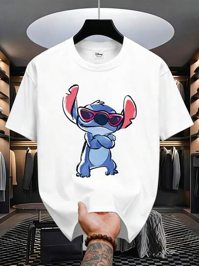 Disney Men's Casual And Short-Sleeved Crew Neck T-Shirt With A Stitch Wearing Fashion Glasses Graphic Print, Suitable For All Seasons And Everyday Wear. Men's Graphic T-Shirt, Men's Clothing.