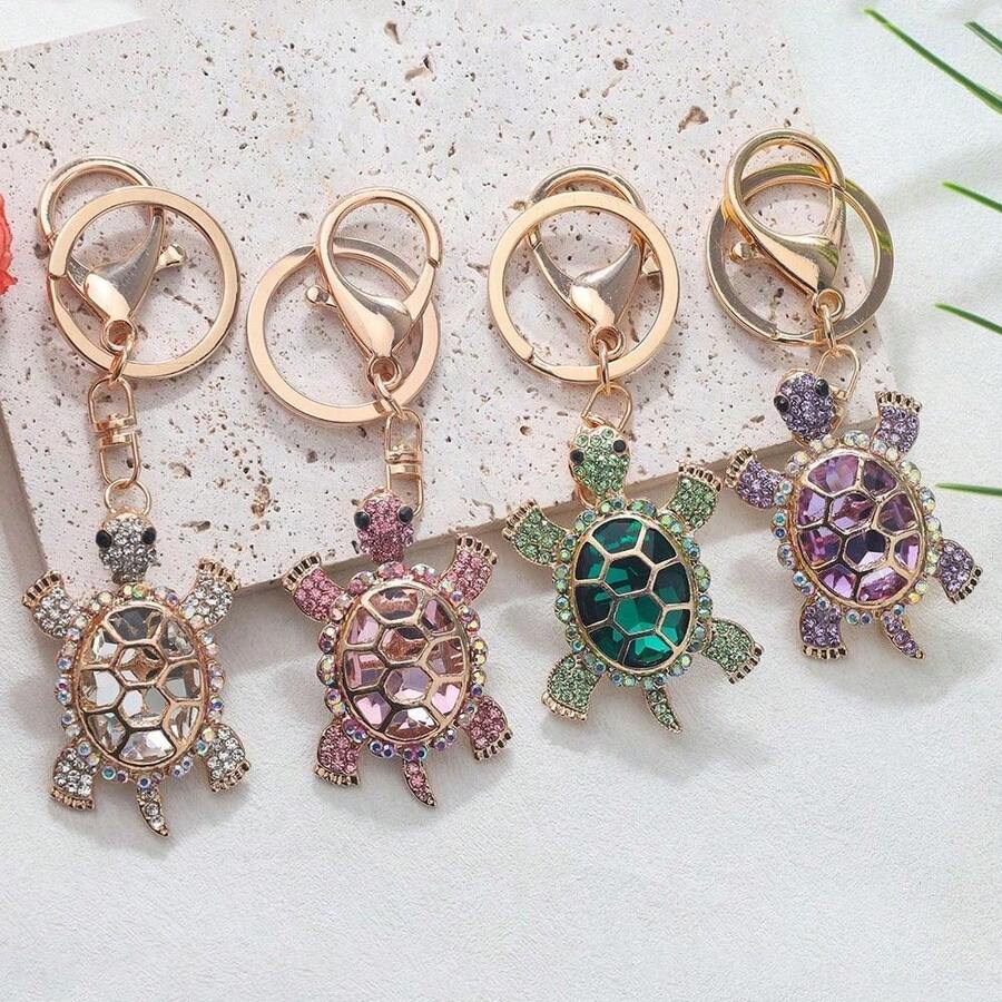 Cute Sea Turtle Keychain Lightweight Skeleton Design Full Colorful Rhinestone Inlaid Animal Turtles Charms Dangle Keyring Jewelry Metal Alloy Car Key Holder Handbag Backpack Ornament Accessories Gift For Friends - Multicolor - View 1