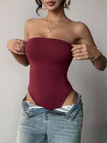 Bodysuit Feminino Sem Alças de Cor Sólida, Versátil para Uso Diário, Sexy & Fashion Verão - Vinho - Visão 9